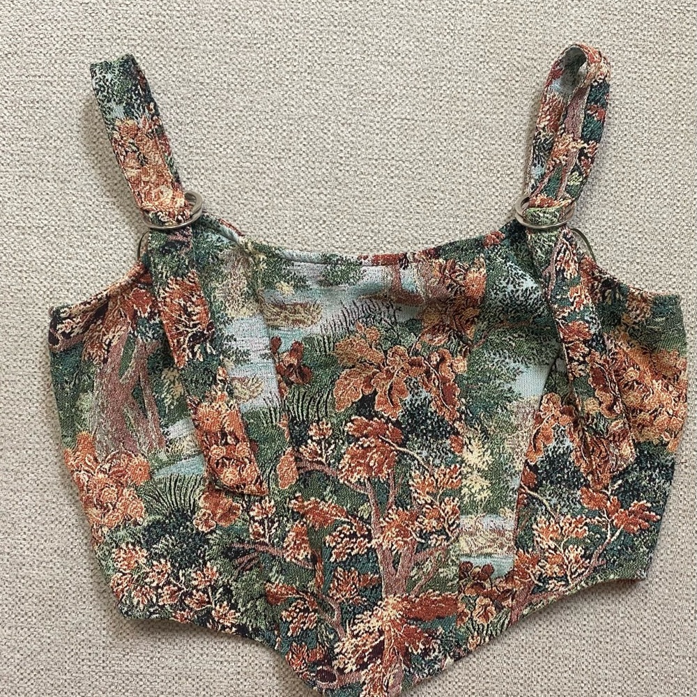 Floral Jacquard Cropped Tank Top - Green & Rust